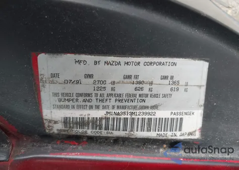 1991 Mazda Mx-5 Miata from USA, damaged, VIN JM1NA3513M1239922